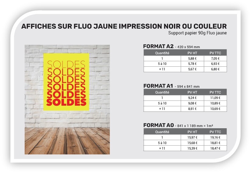 Tarifs 2025 - Affiches jaunes fluo noir ou couleurs - Photocopies et Impressions - Office DEPOT